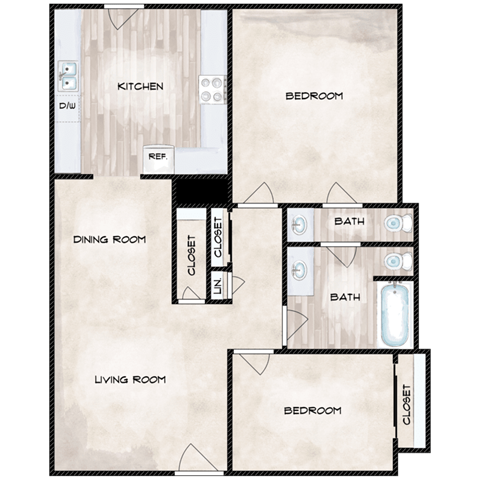Floor plan for 2 beds, 1 bath, 920 sqft